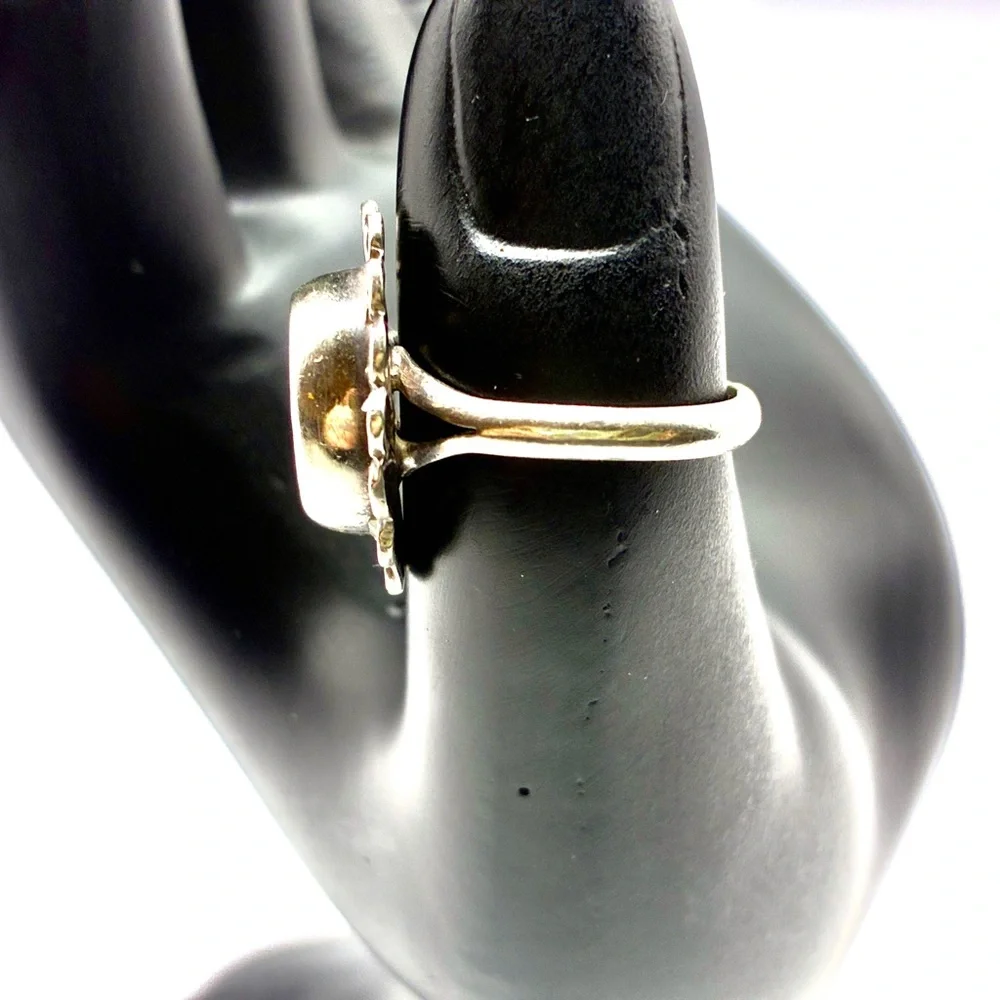 Vintage SIGNED MEXICO Malachite Ring with Sterling Silver Flower Backdrop
